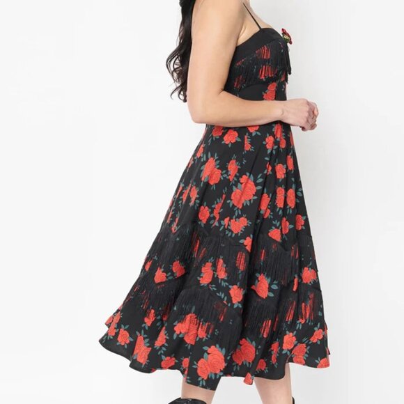 NWT Unique Vintage Red Rose Print Fringe Girlie Swing Dress XS 2 - Picture 2 of 11